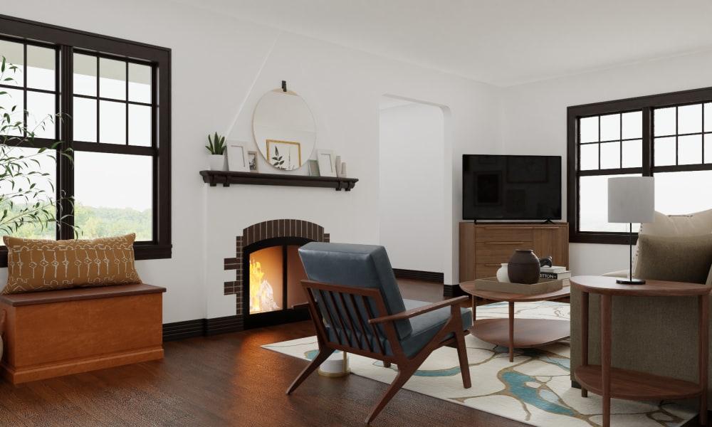 Mid Century Modern Living Room With Fireplace