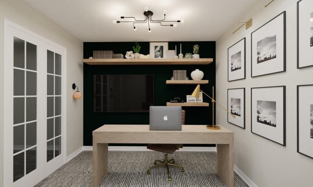 Home Office with Black Accent Wall and Open Shelving