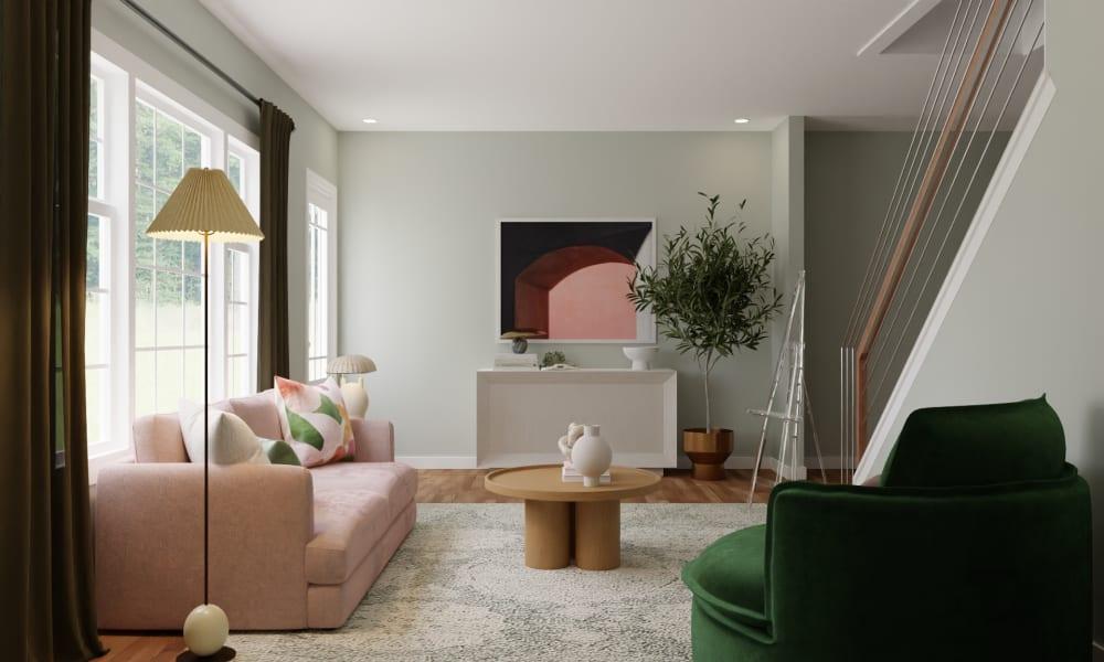 Eclectic Living Room with Green And Blush Color Palette