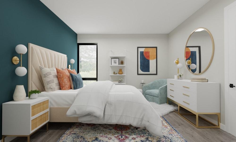 Mid-Century Glam Bedroom with Pops of Color