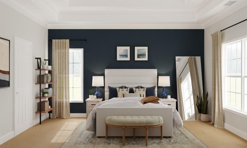 Transitional Boho Bedroom with Blue Accent Wall