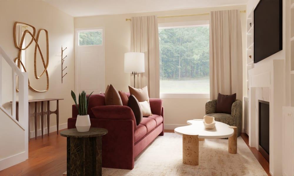 Japandi Open Living/Dining Room with Wine Velvet Sofa