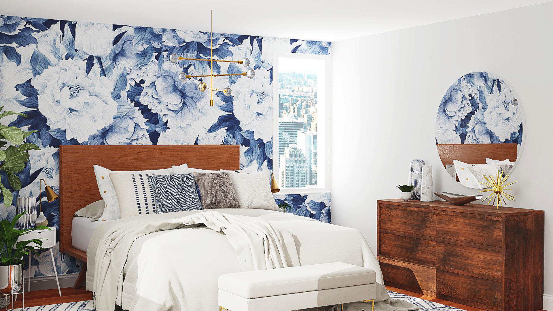 Statement Floral Wallpaper: Mid-Century Contemporary Bedroom