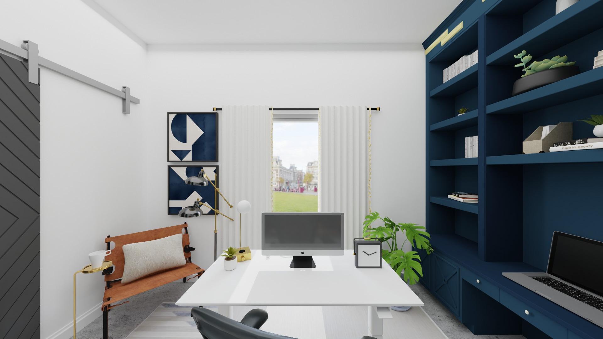  A Modern Home Office Design Featuring Peacock Blue Shelving