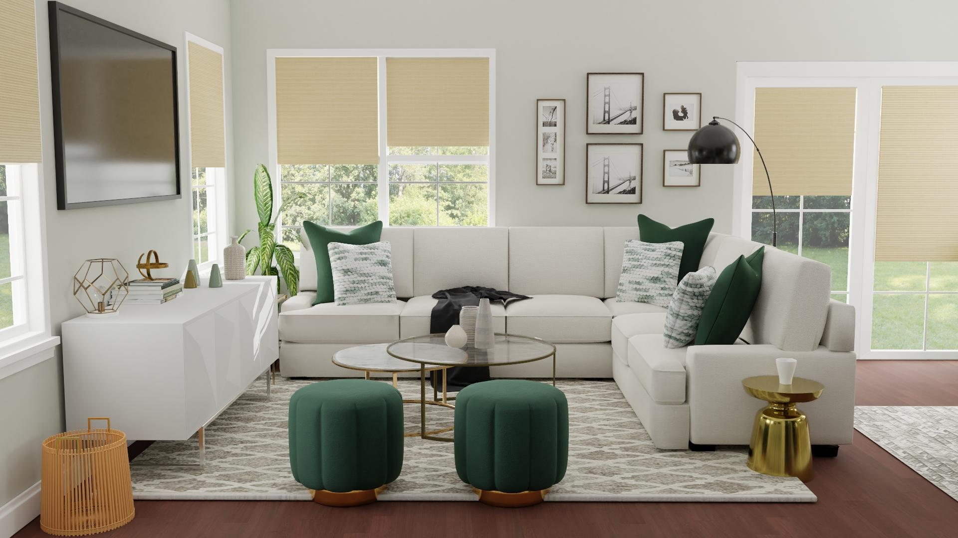 Emerald Accents: Modern Glam Open Plan Living Room