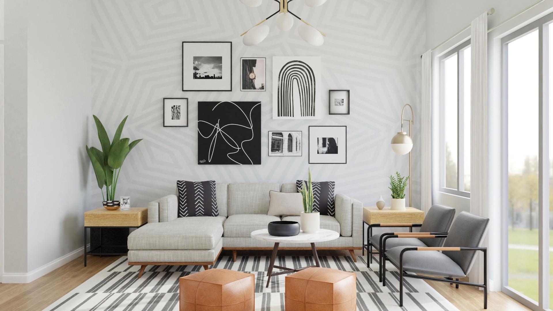 A Serene Monochromatic Mid-Century Living Room with Urban Flare