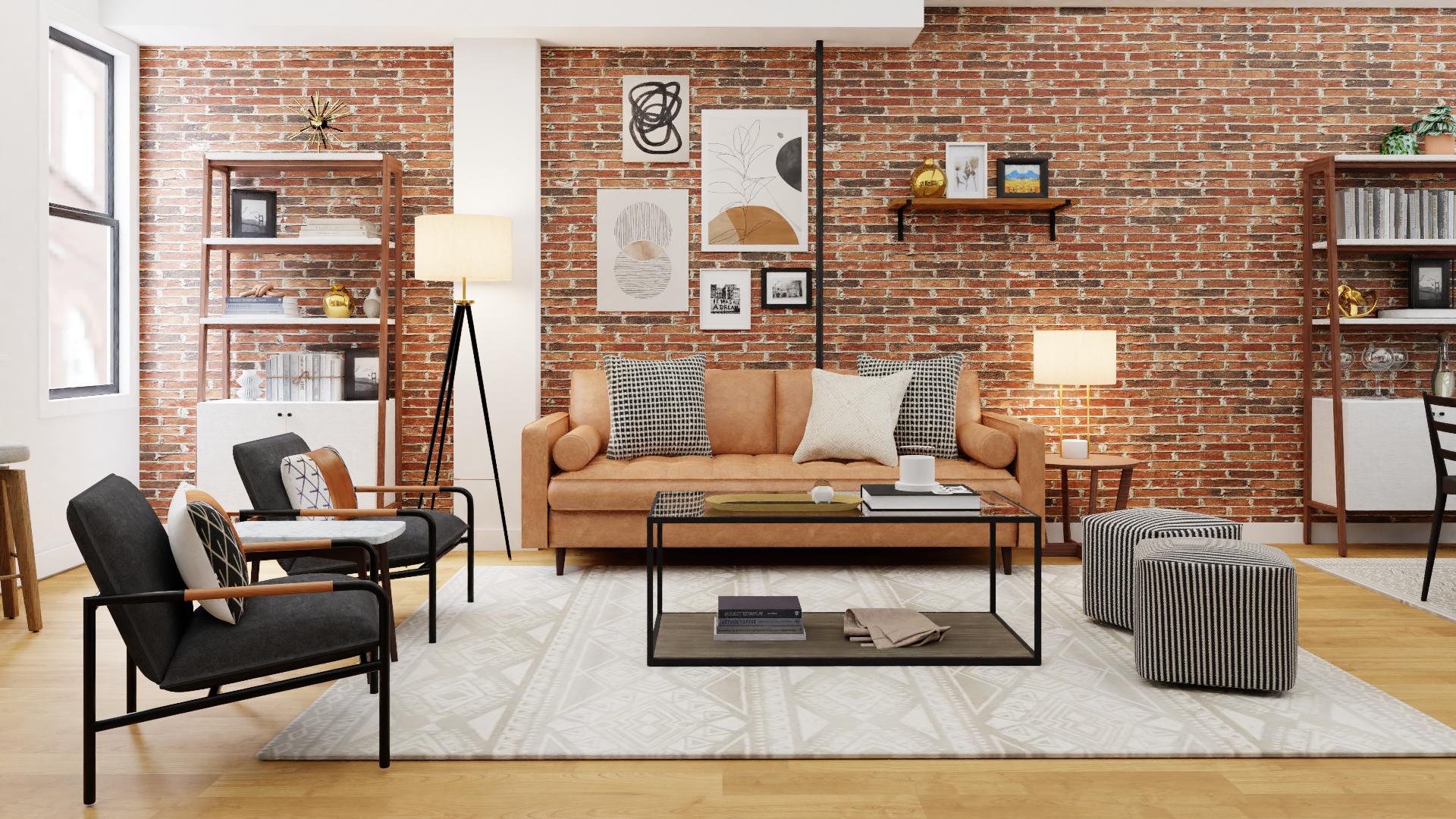 Brick Walls: Mid-Century Industrial Open Living Room