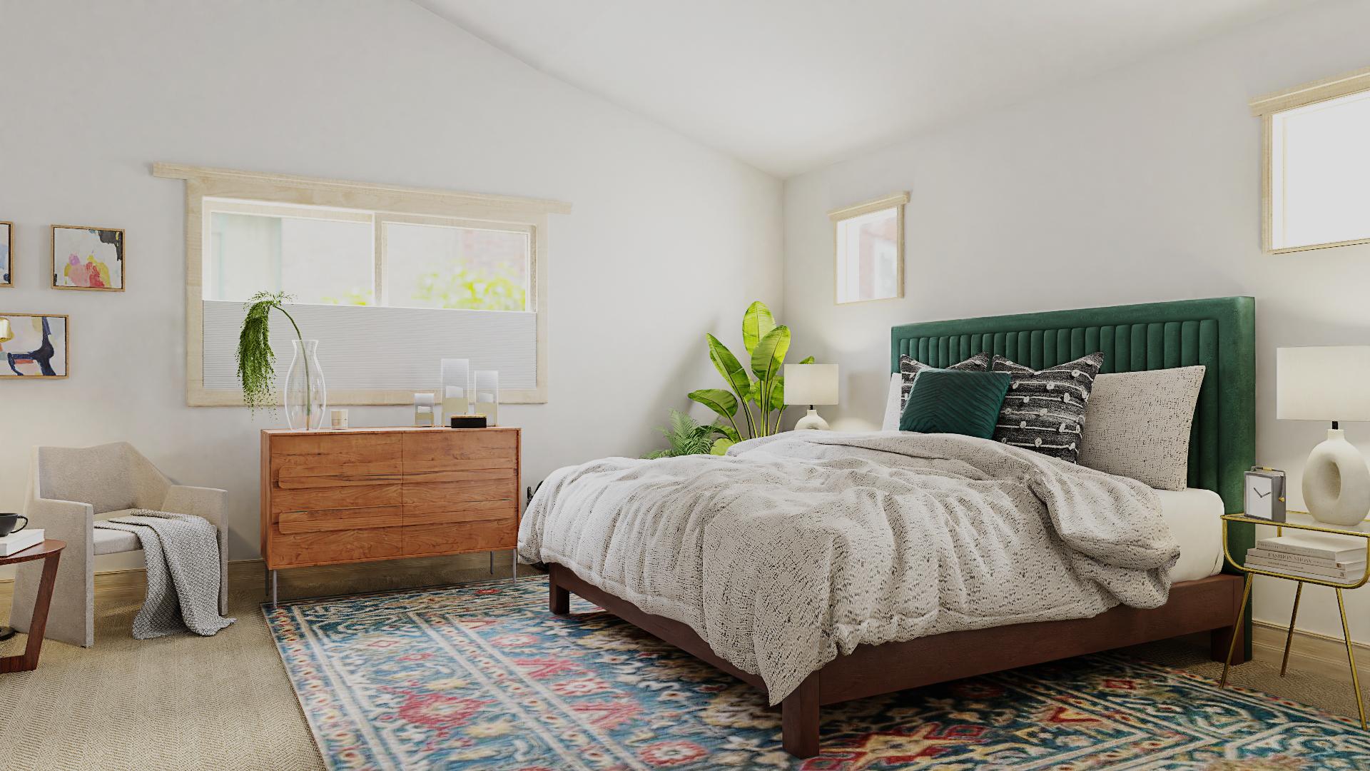 A Mid-Century Bedroom Gleaming With Deep Jewel Tones