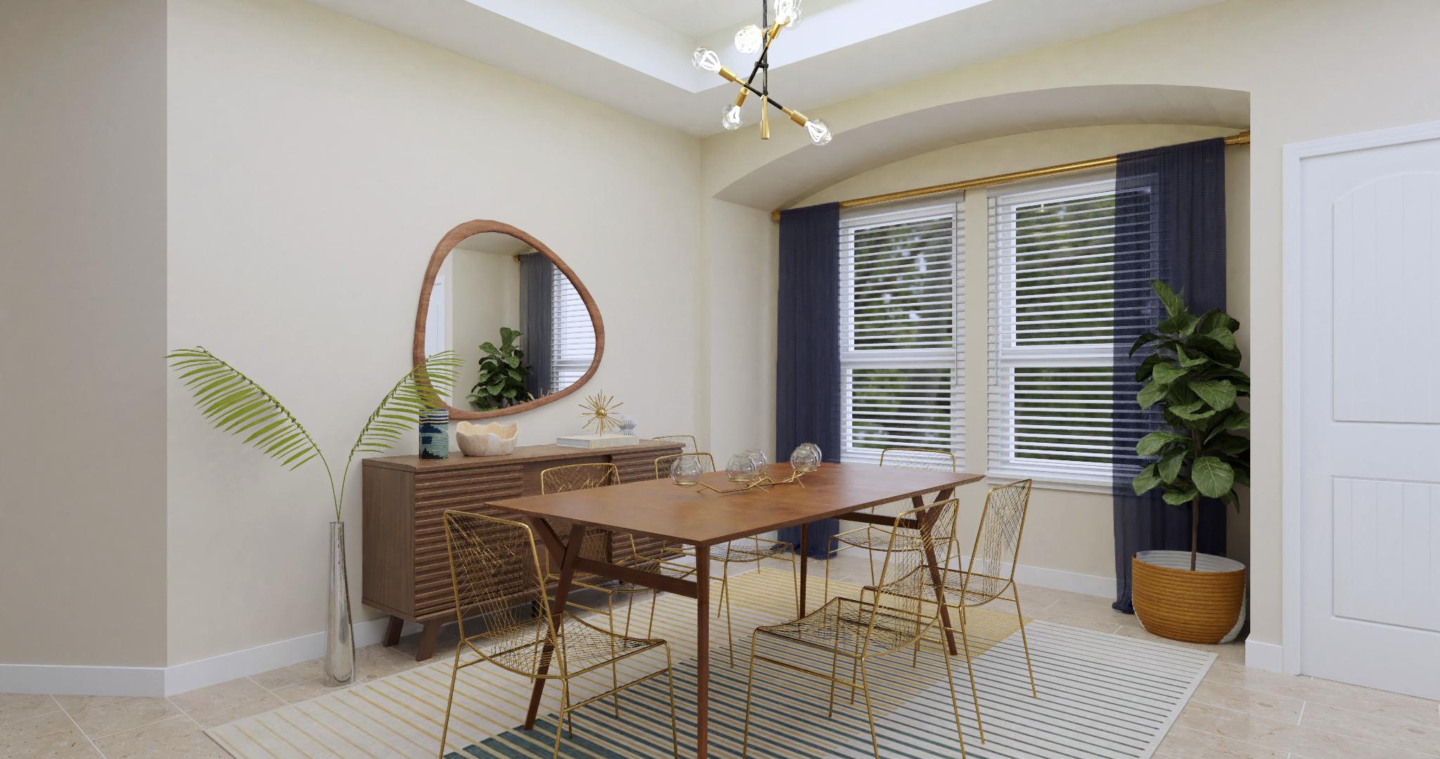 Stripes & Gold Accents: Mid-Century Modern Glam Dining Room