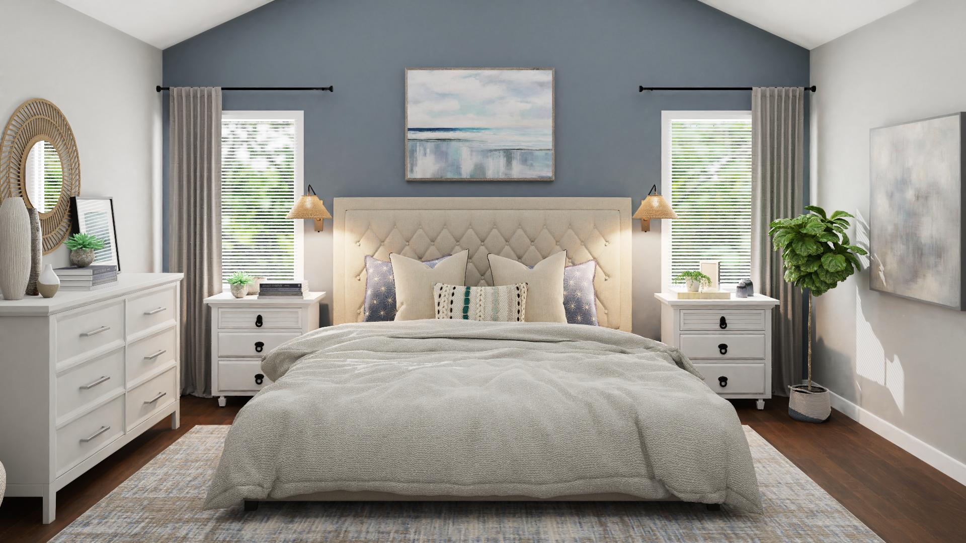 A Transitional Coastal Bedroom In Oceanic Hues