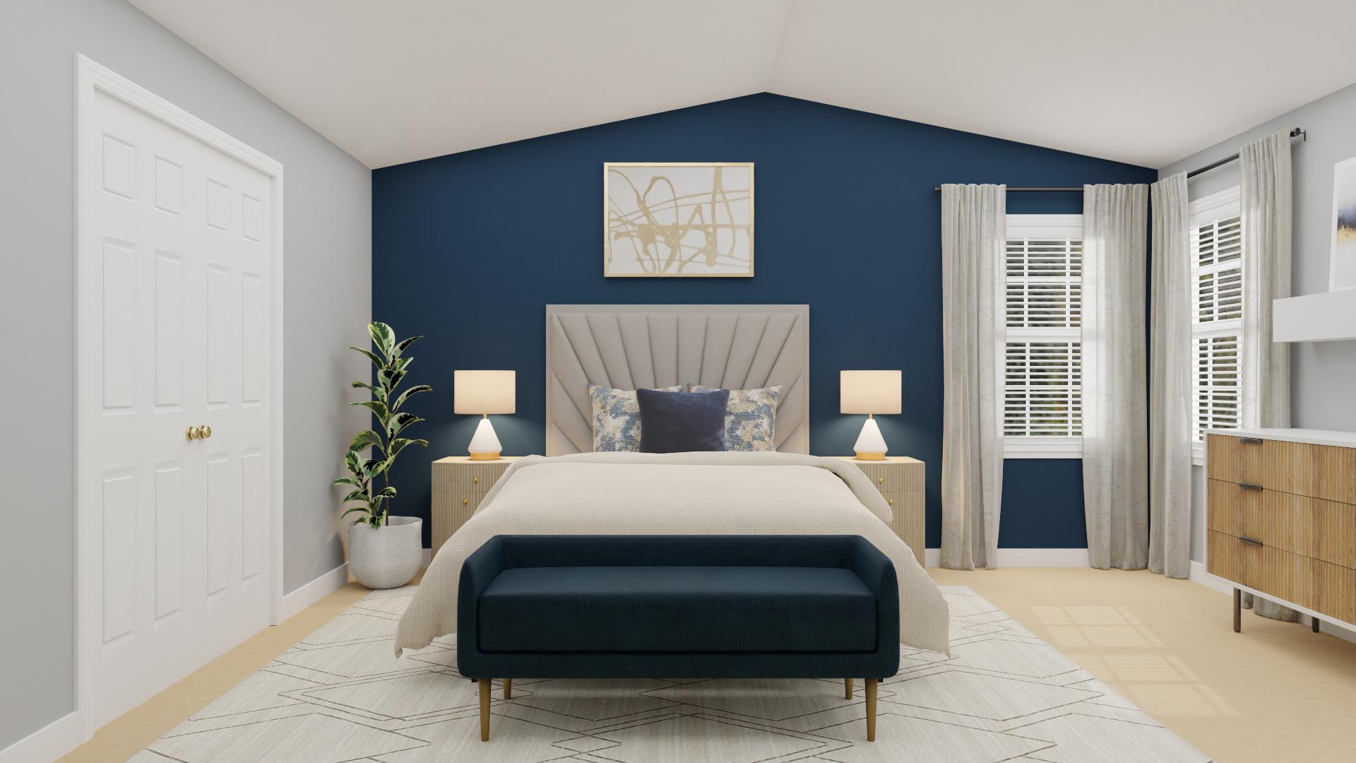 Contemporary Bedroom With A Blue Accent Wall