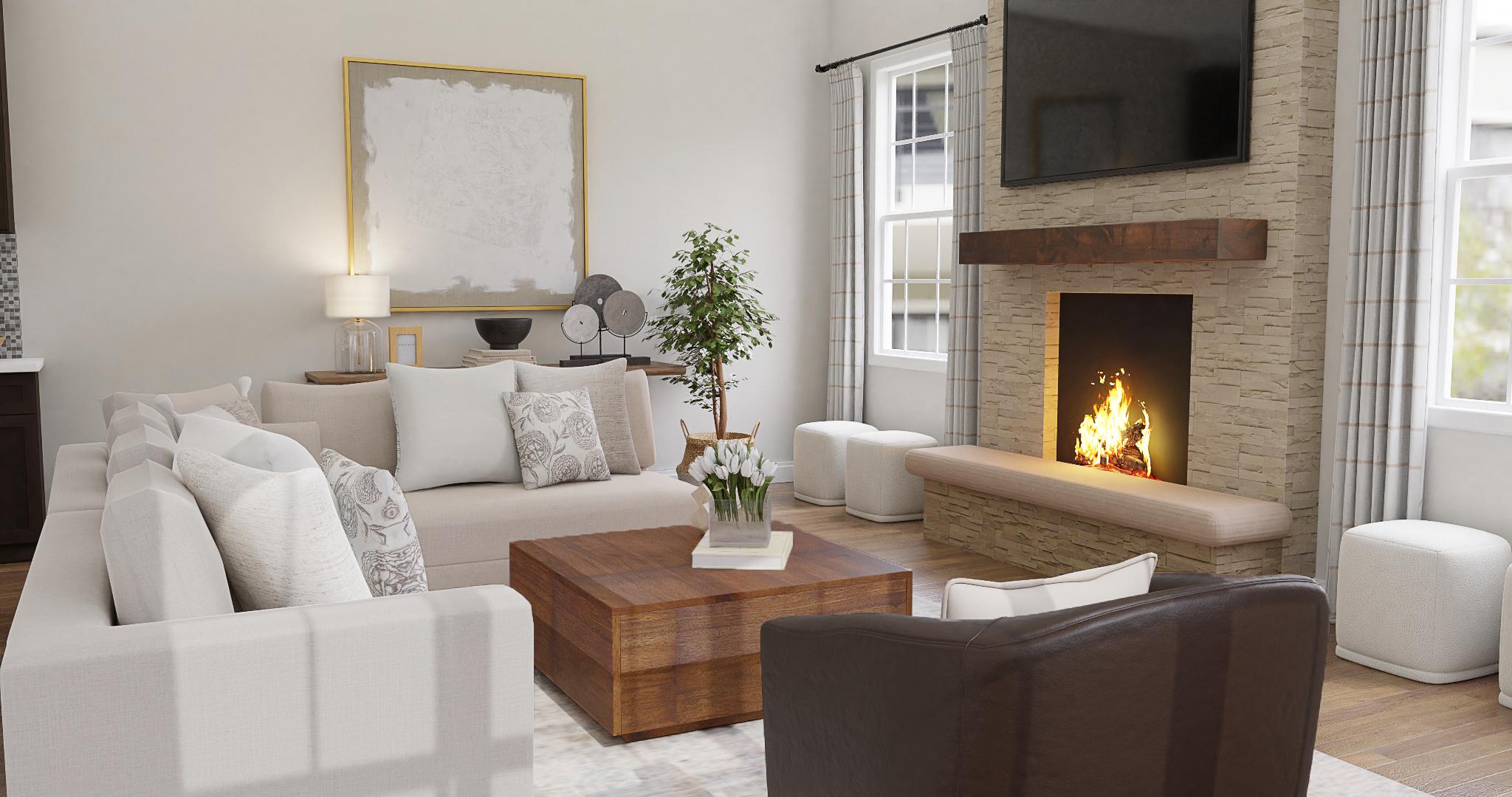 Transitional Living Room With A Brick Fireplace 