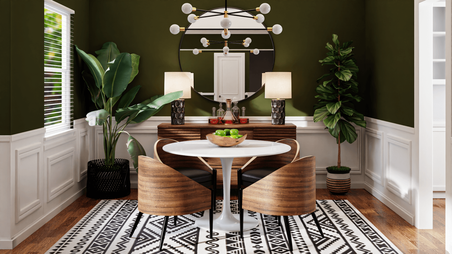 A Modern Dining Room In Forest Green Tones