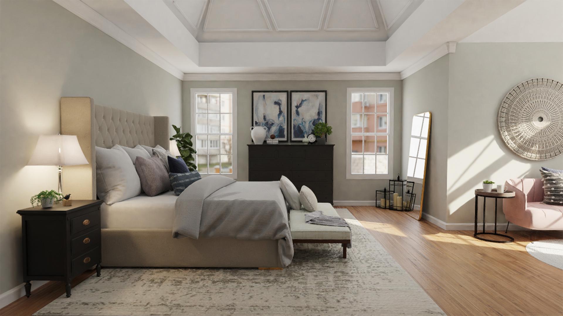 A Spacious Transitional Bedroom Bursting With Gray Tones