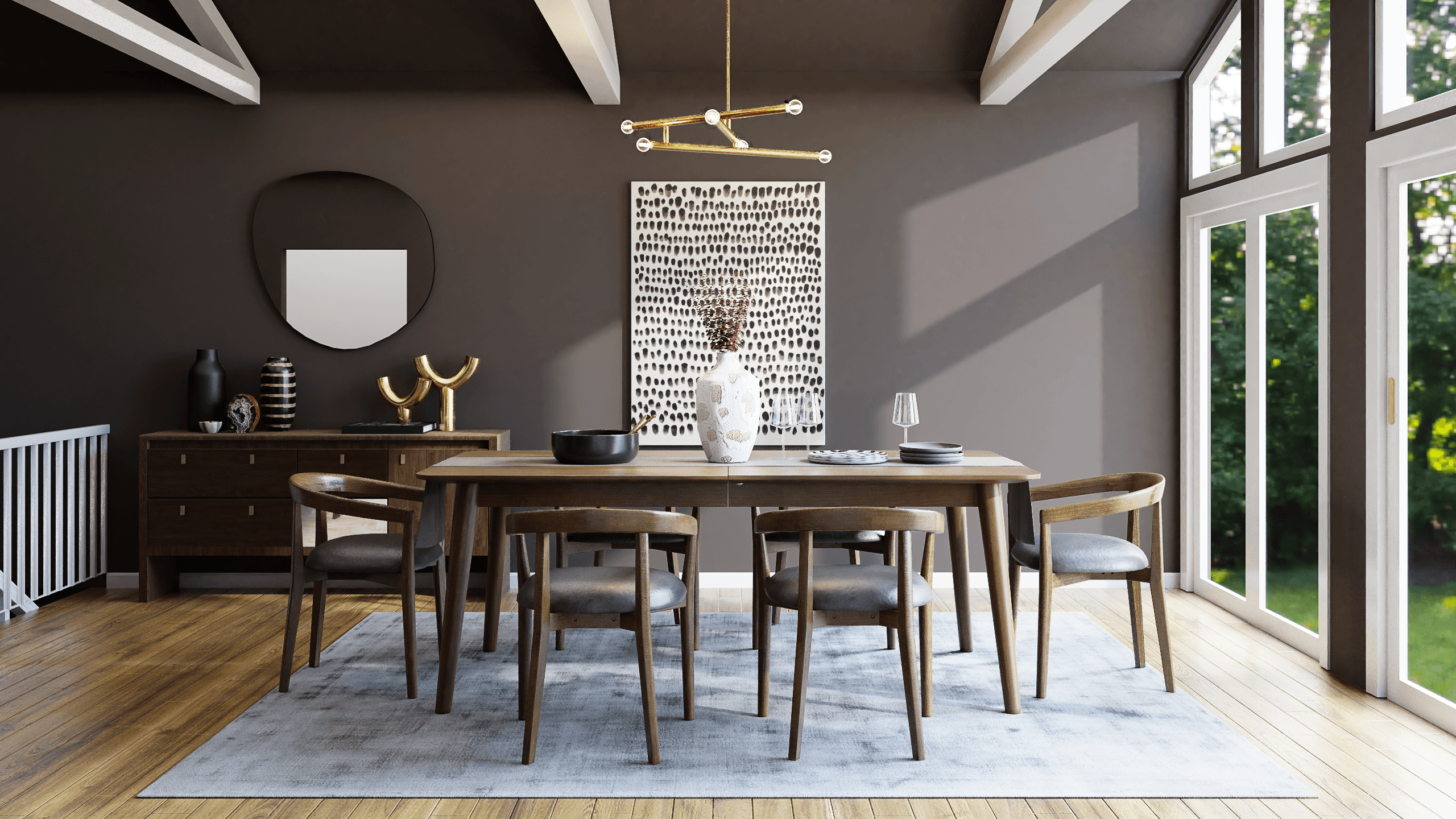 Ash Gray Walls Add Glam To This Mid-Century Dining Room 