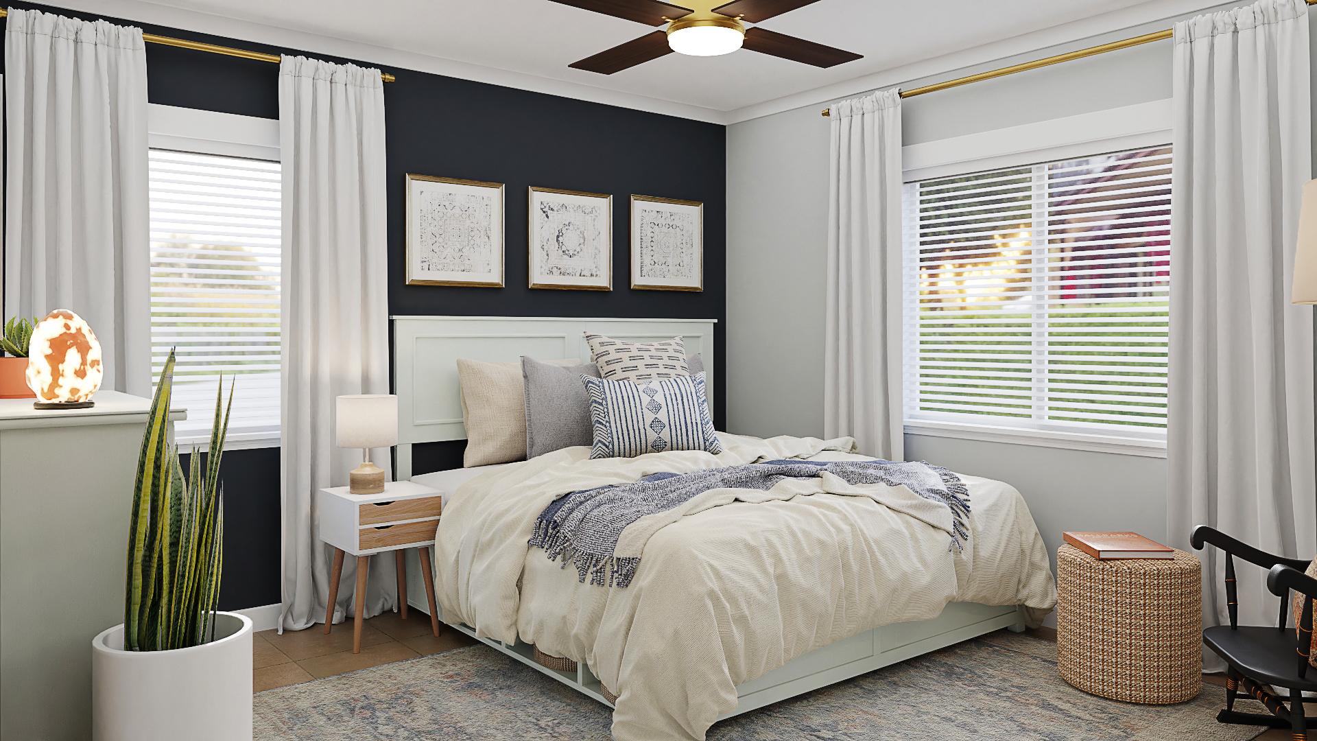 A Rustic Farmhouse Bedroom Enriched In Navy Hues