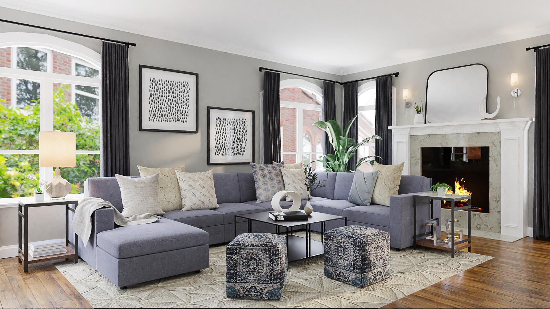 A Transitional Living Room In Periwinkle Blue
