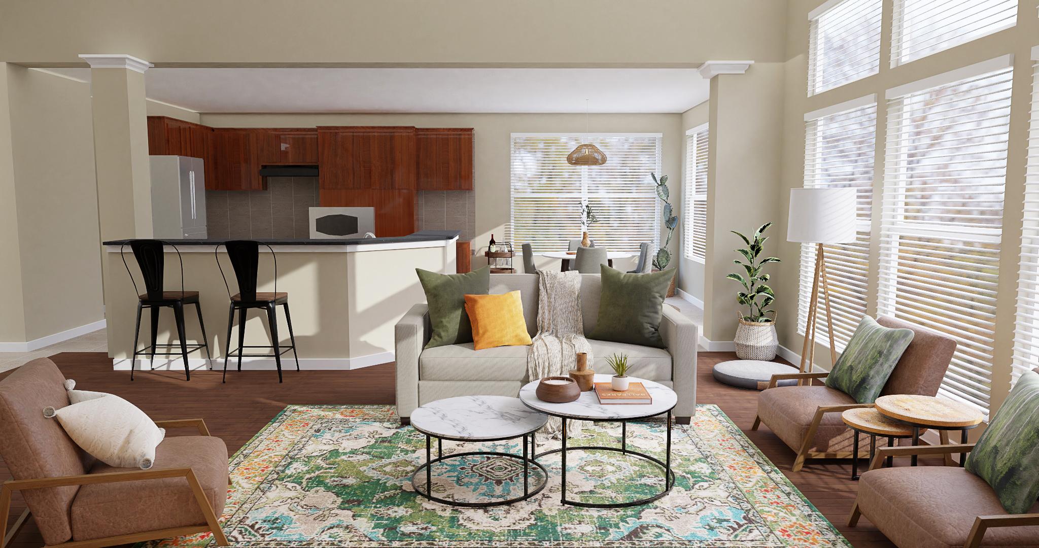 Bright Greens & Warm Browns: A Pet-Friendly Boho Modern Living/Dining Room