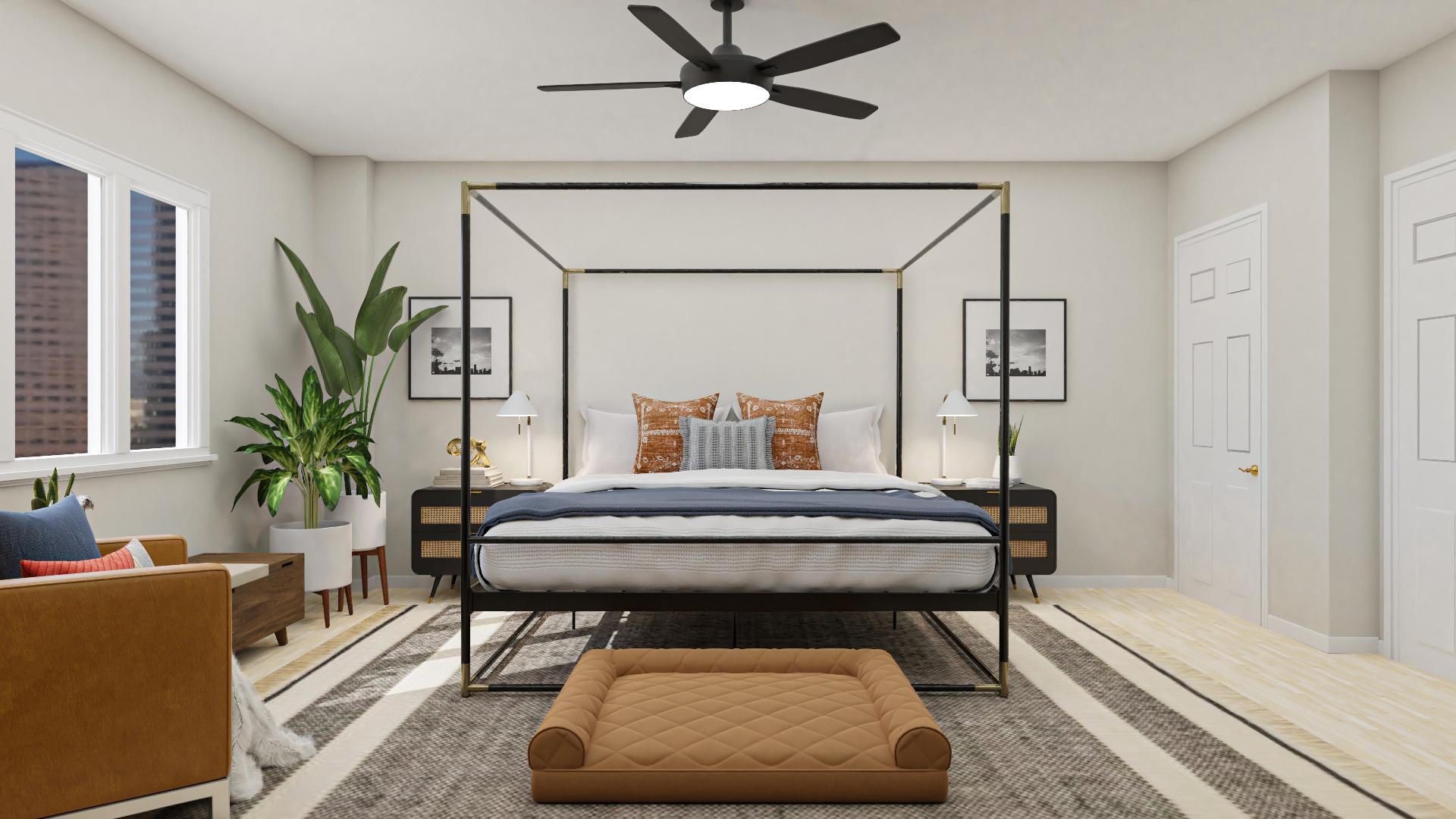 A Glam Mid-Century Bedroom That Is Pet-Friendly