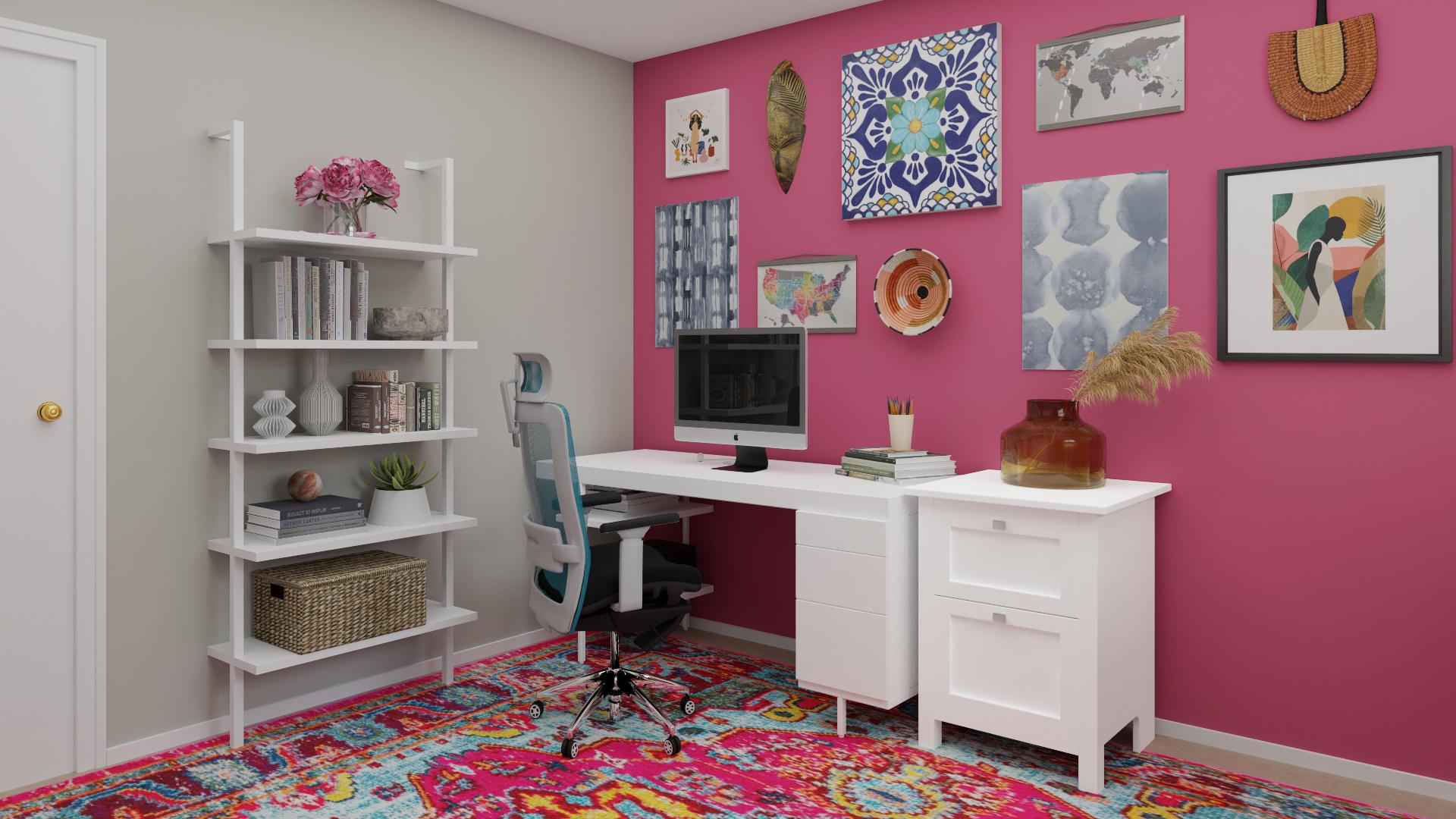 An Eclectic & Bright Home Office In A Dragon Fruit Hue