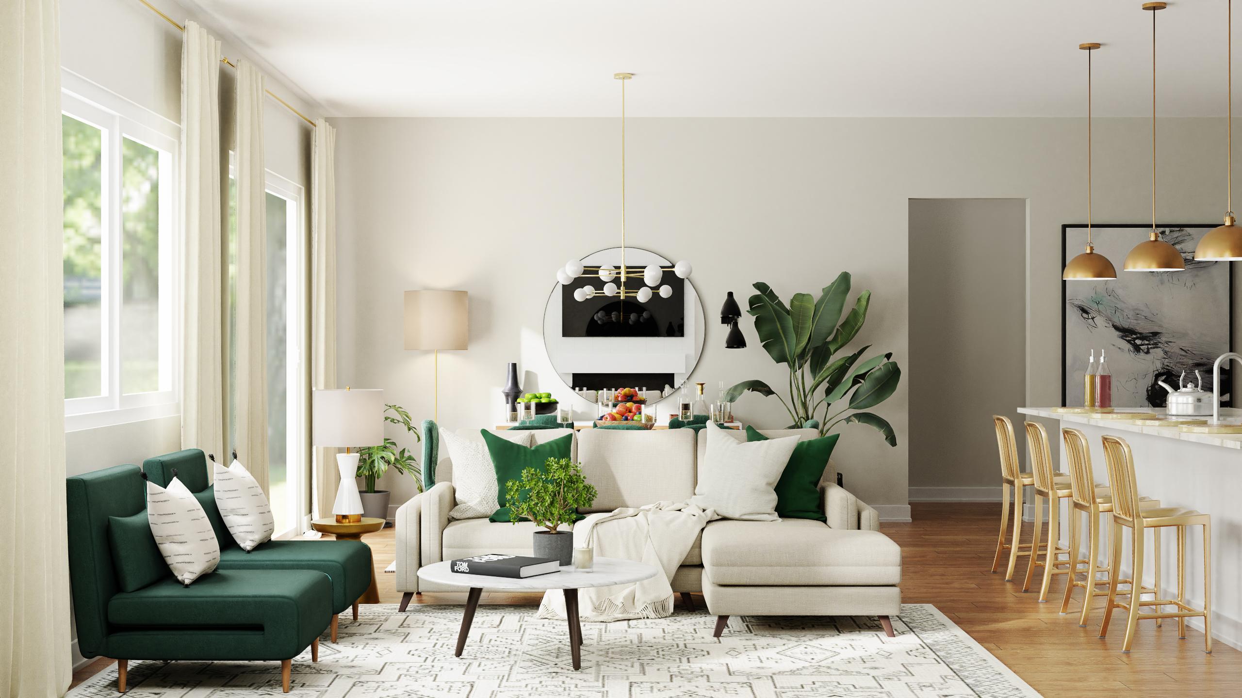 A Mid-Century Glam Living & Dining Room In Basil Tones