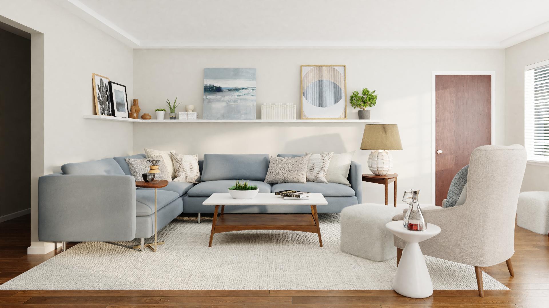 A Modern Transitional Living Room In Shades Of Blue