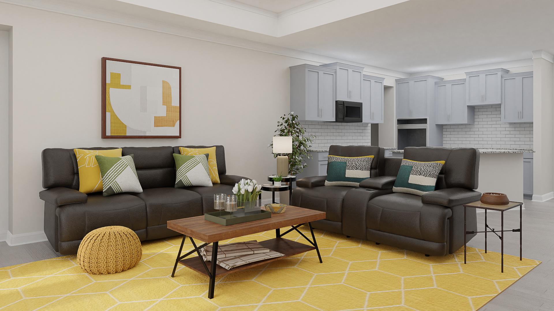 A Transitional Living Room In Pops Of Sunshine Hue