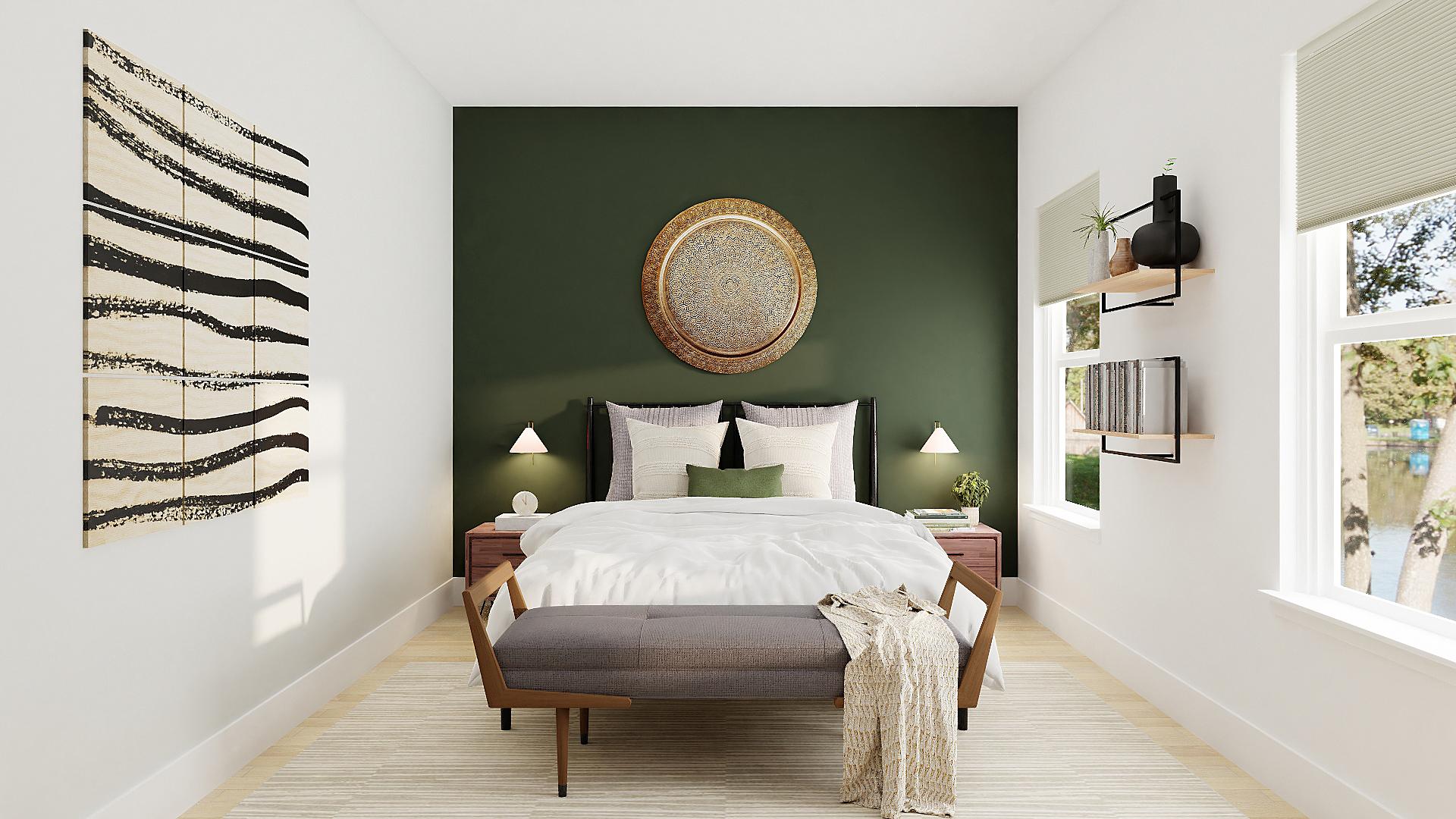 An Emerald Green Accent Wall In A Mid-Century Bedroom
