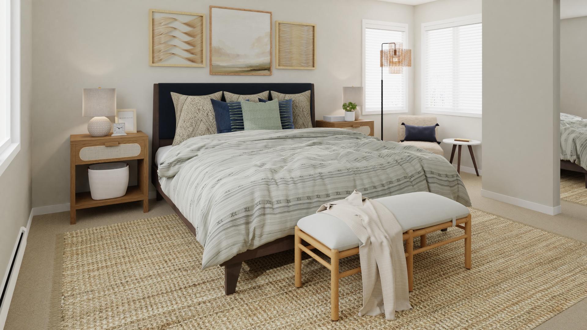 A Modern Coastal Bedroom Filled With Rattan Accents