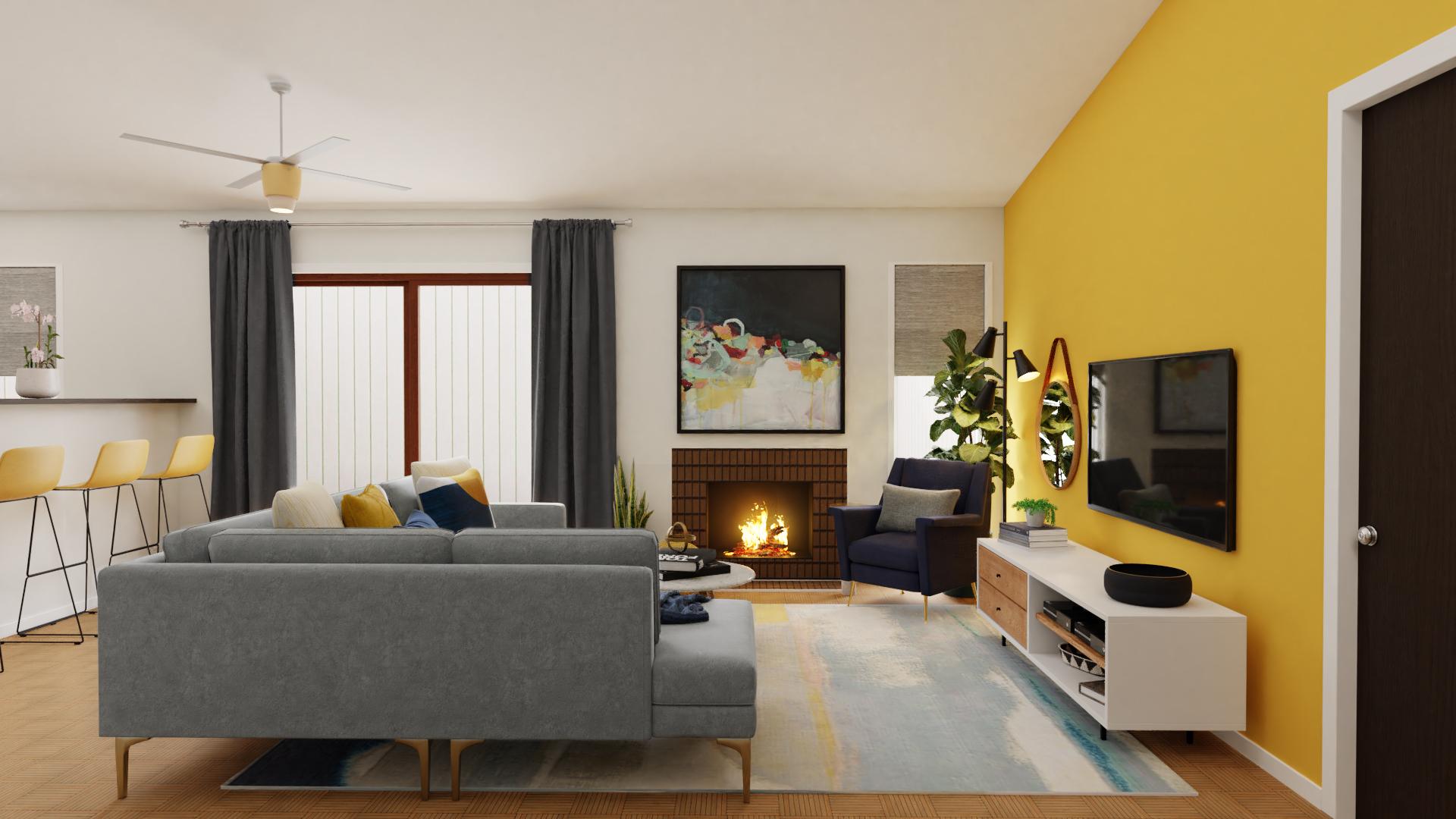 A Mid-Century Living Room With Rays Of Sunshine Yellow