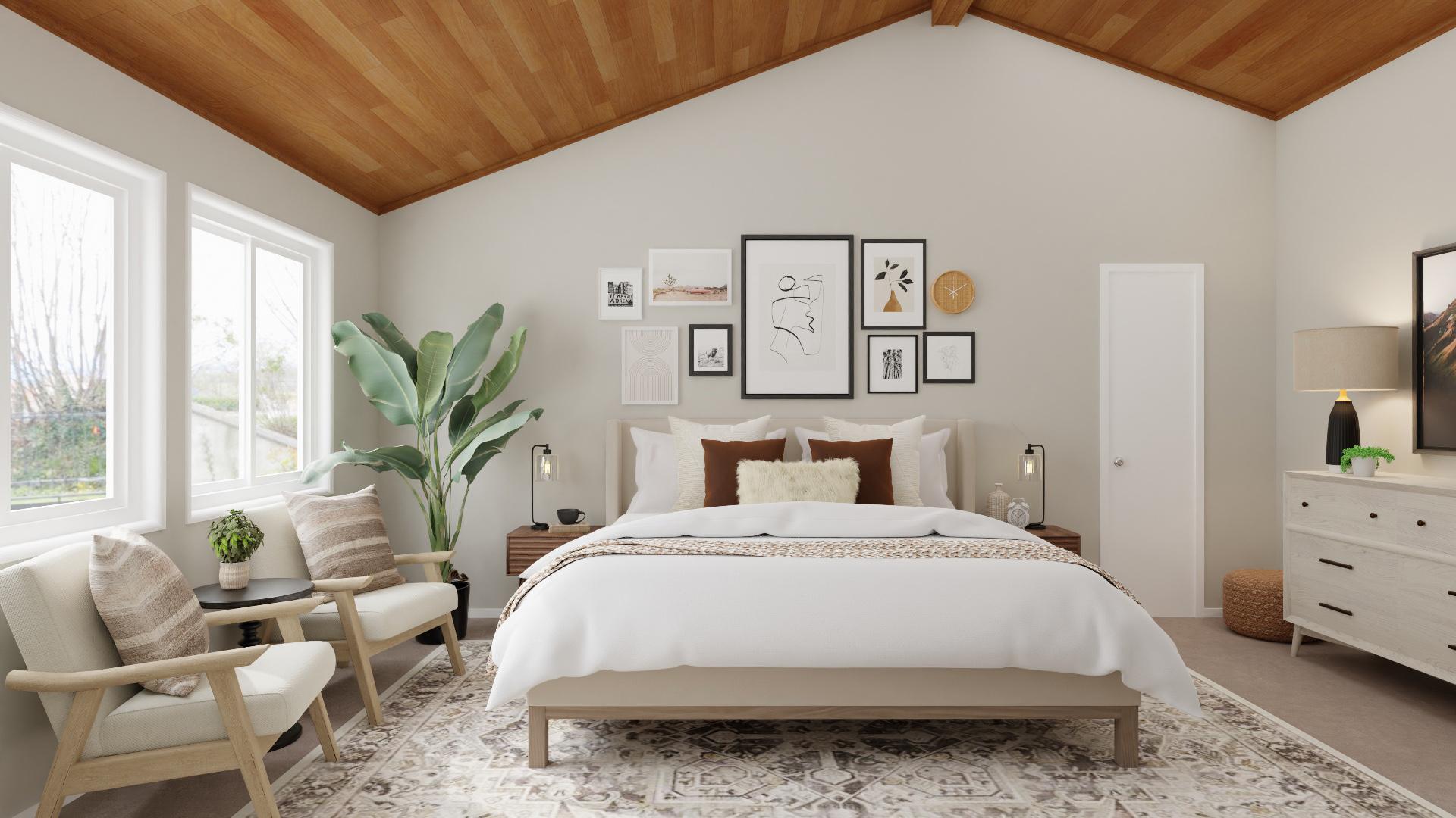 Sloped Wooden Ceiling: A Mid-Century Rustic Bedroom