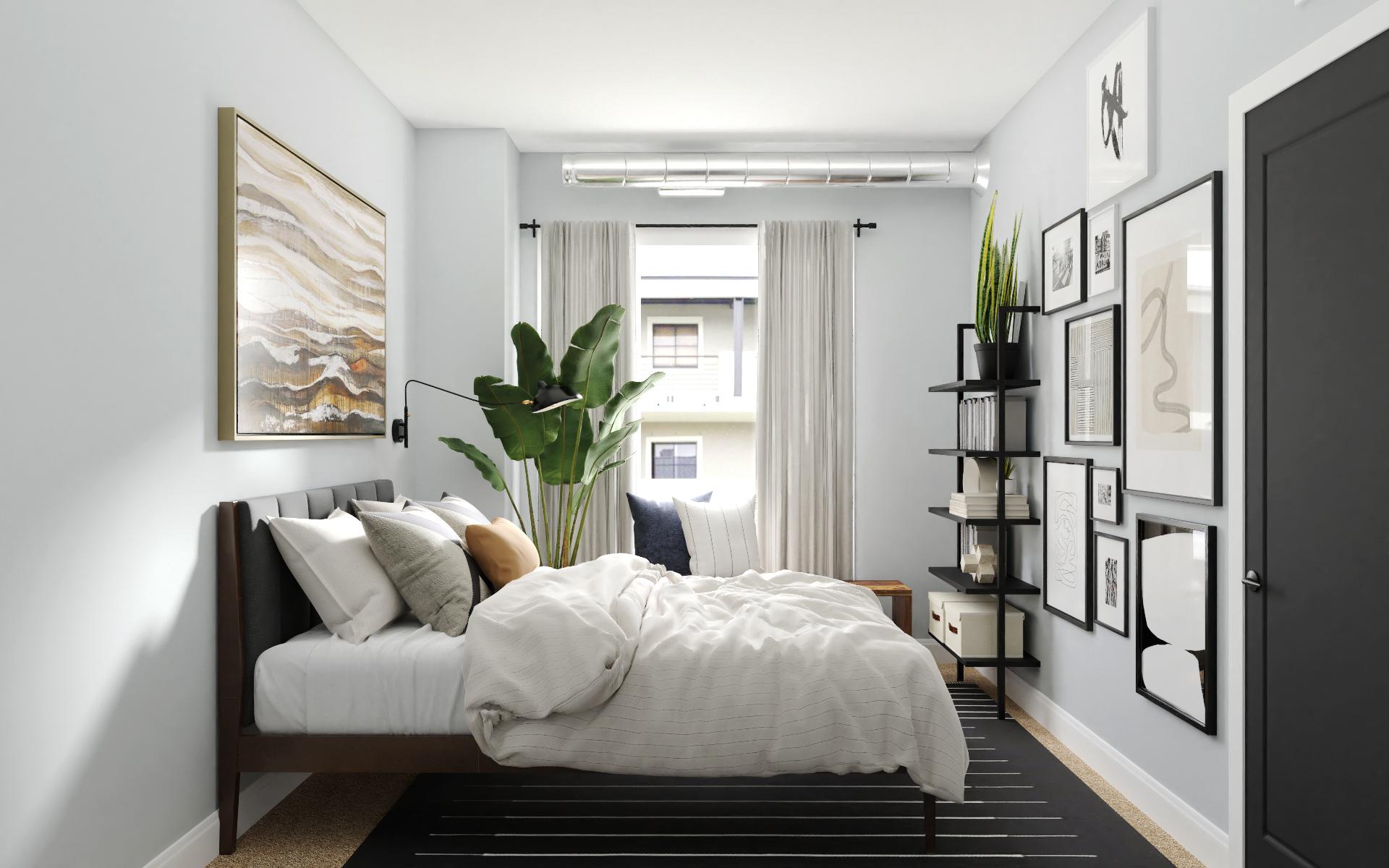 Cozy & Monochromatic: Mid-Century Bedroom With Industrial Decor