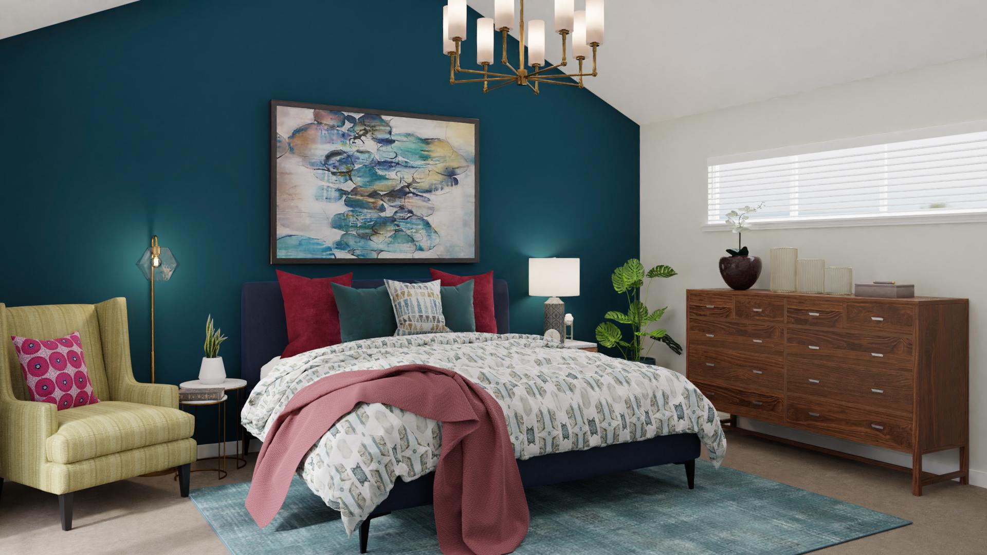 A Contemporary Bedroom Doused In Jewel Tones