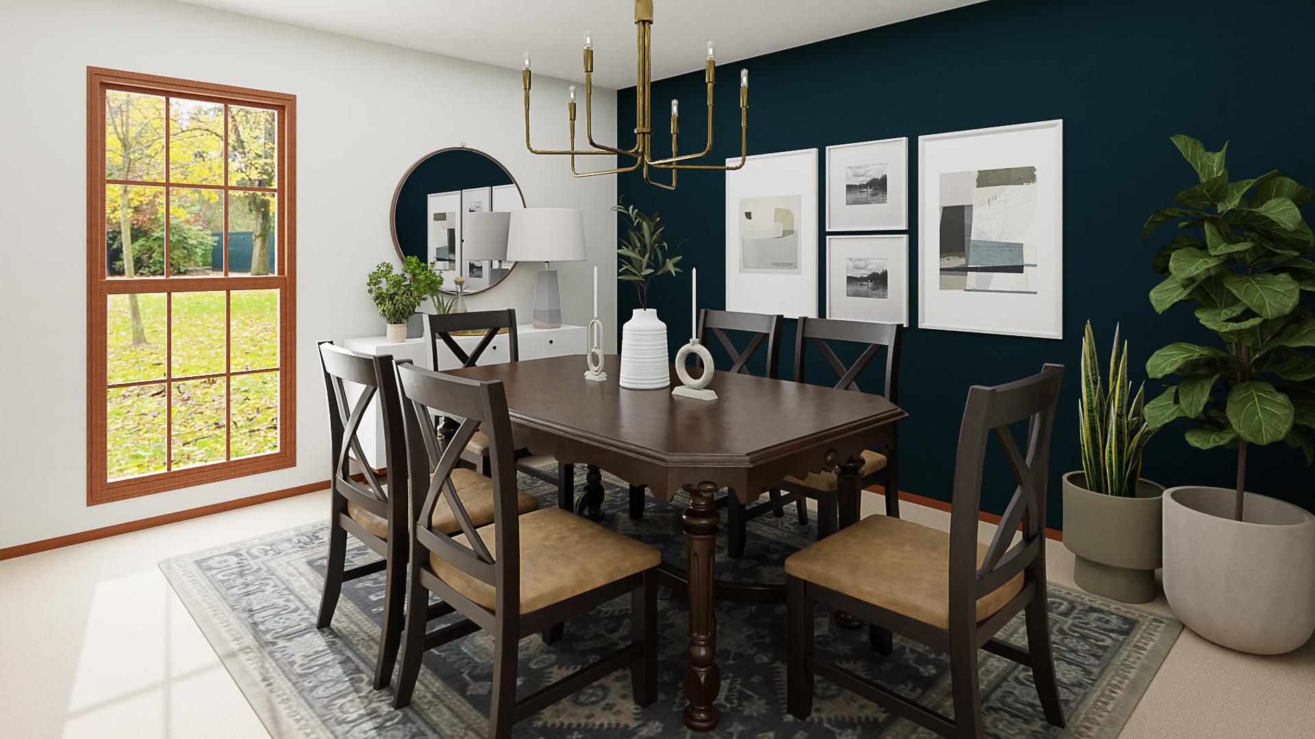 A Farmhouse Dining Room With A Midnight Blue Accent Wall