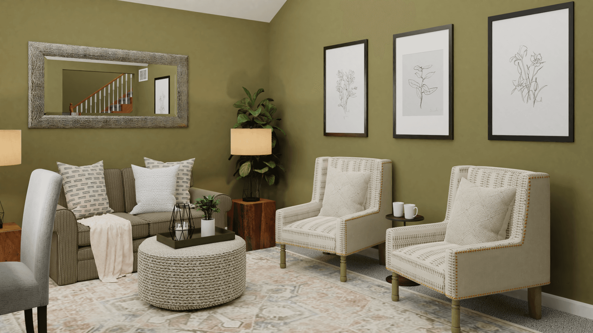 Olive Green Walls: A Transitional Boho Living Room