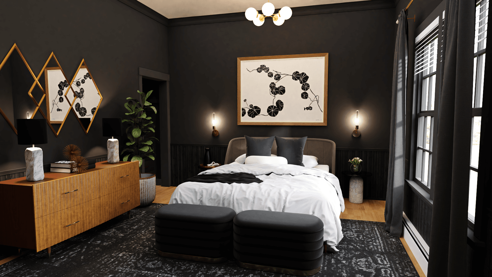 An Art Deco Glam Bedroom With Bold Walls & Metallic Accents