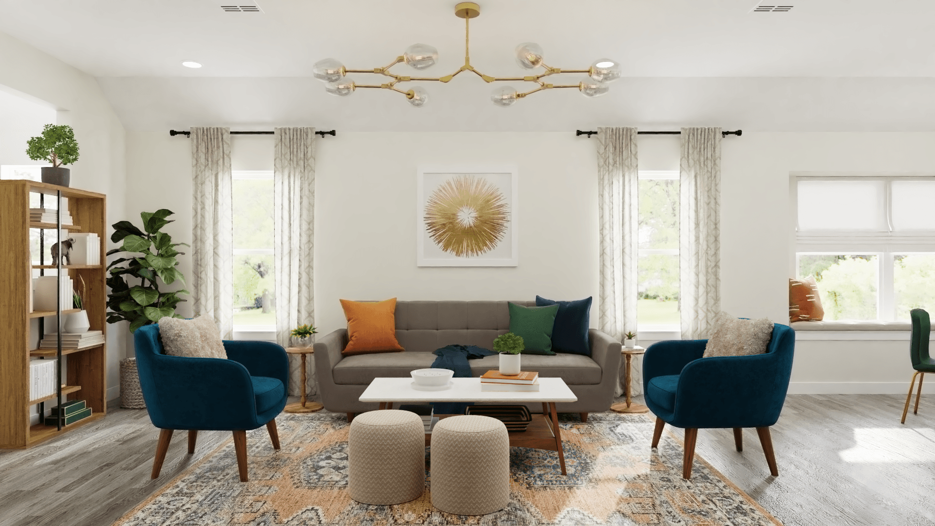 Mid Century Glam Living-Dining Room With Metallic Accents