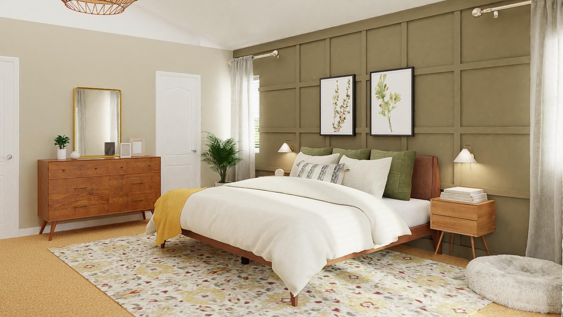 Minimalist Mid Century Modern Bedroom With Olive Accent Wall