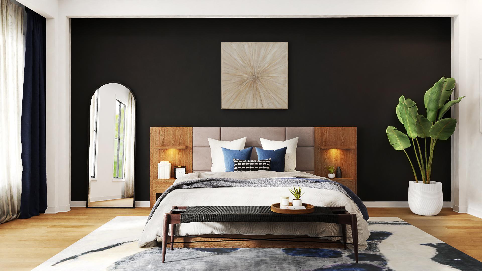Modern Industrial Bedroom Design With Black Accent Wall