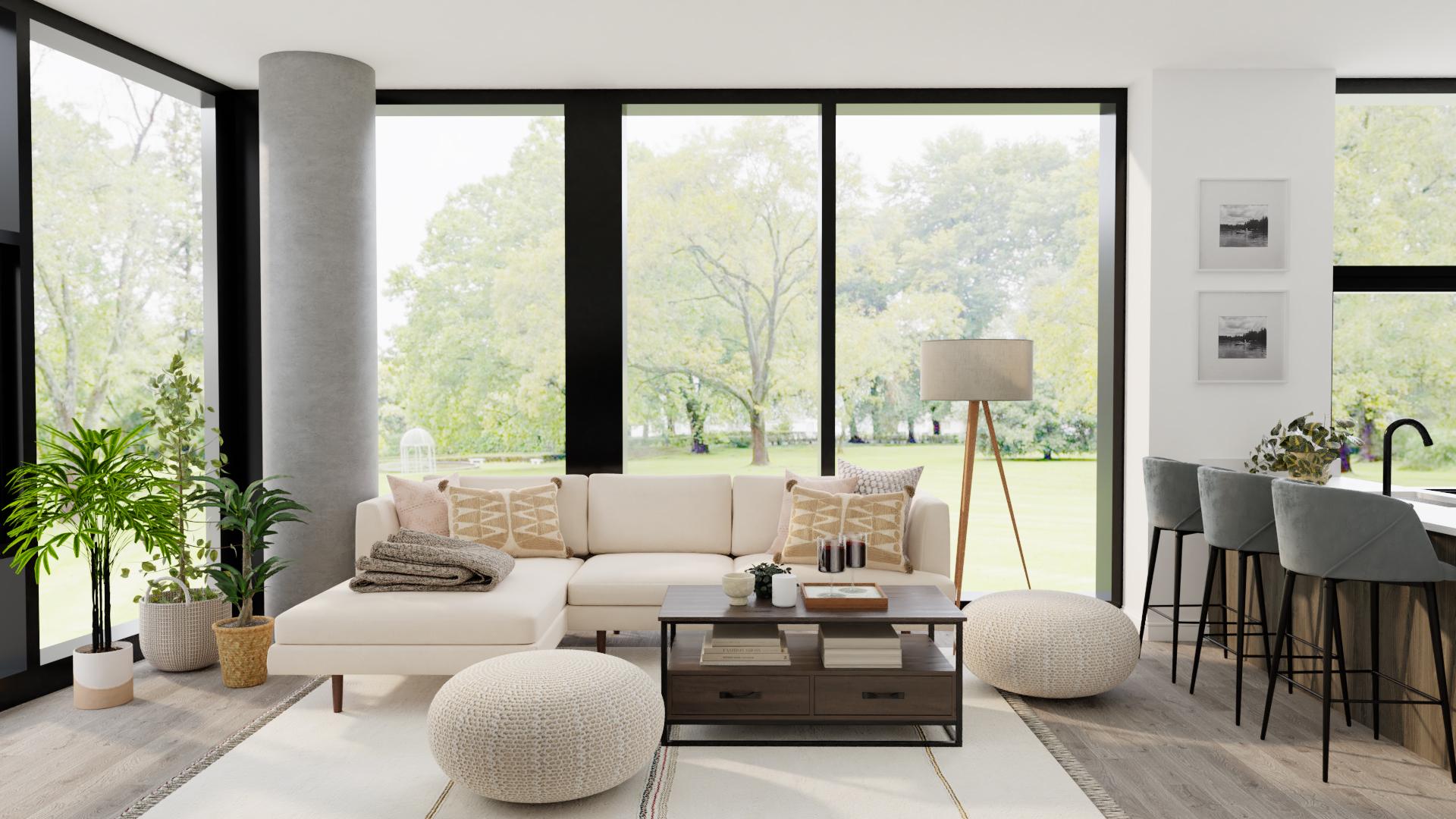 Mid Century Modern Living Room Design With Gray & White Tones