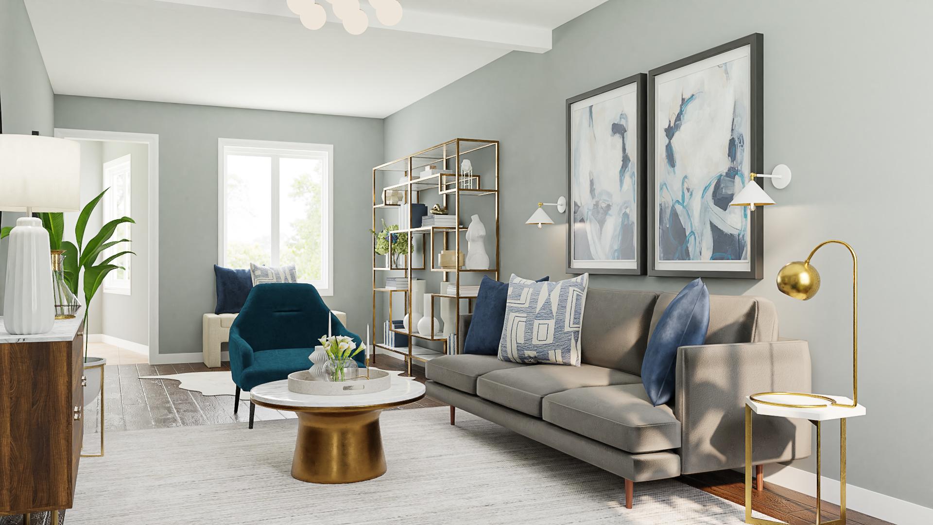 Glam Rectangle Living Room With Brass Accents