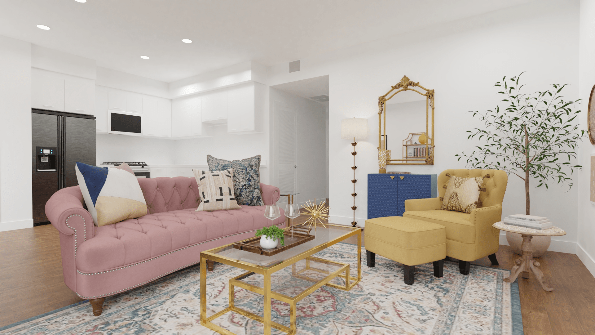 Traditional Glam Living Room With Pink Sofa