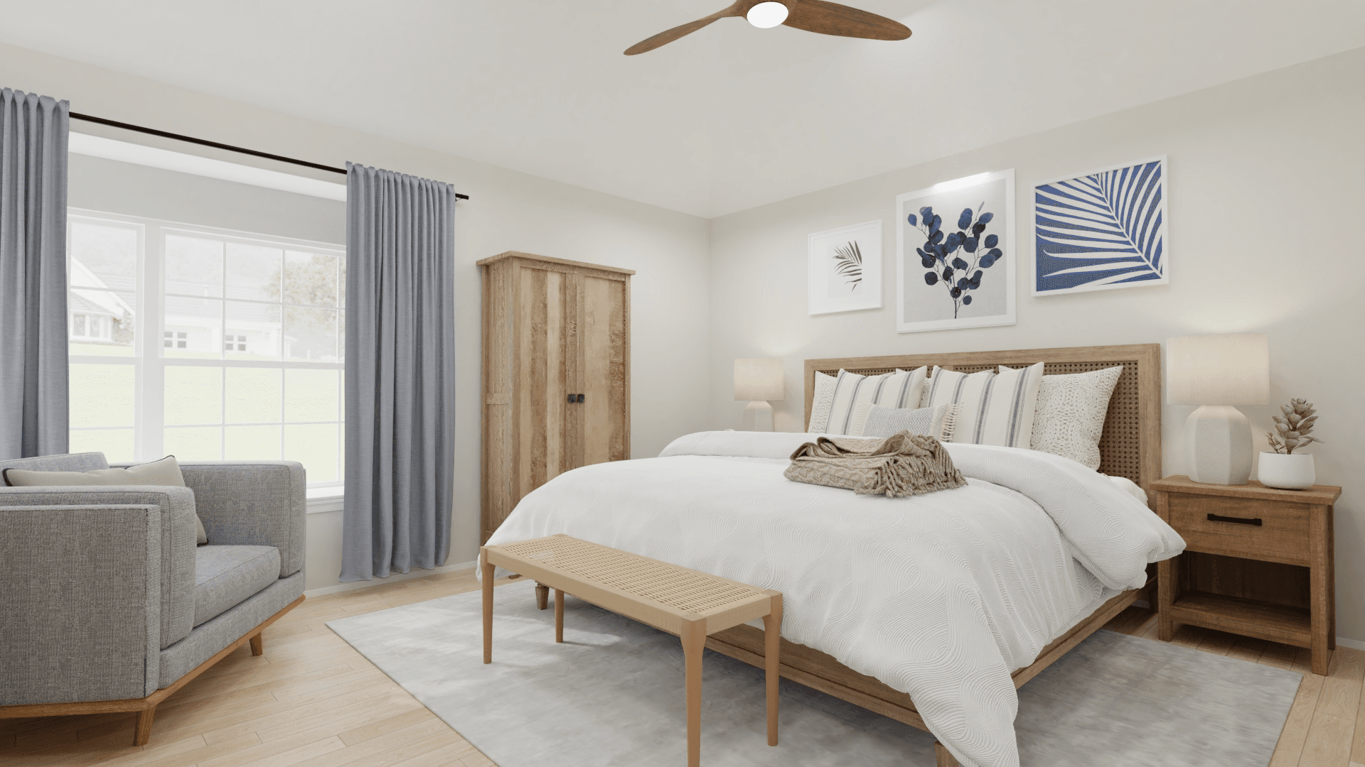Transitional Coastal Bedroom With Wooden Amoire