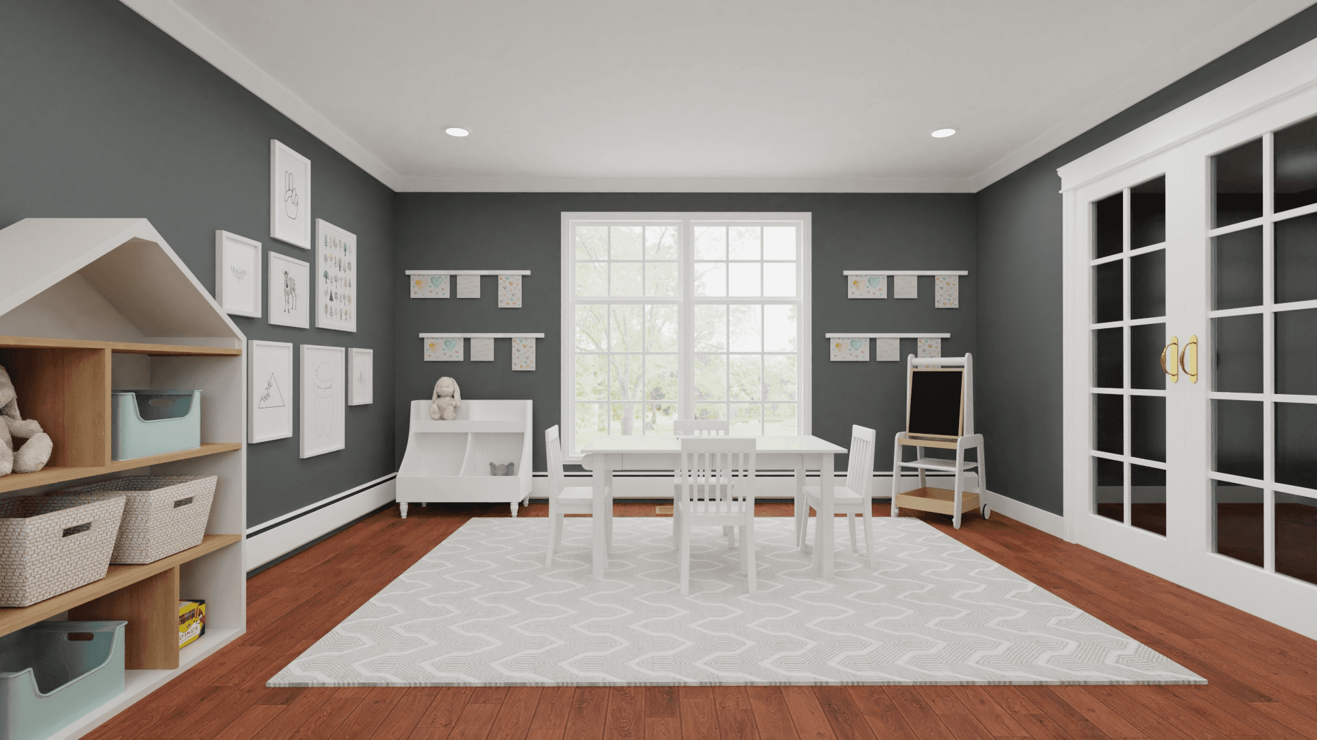 An Organized Playroom With Storage And A Cozy Lounge Area