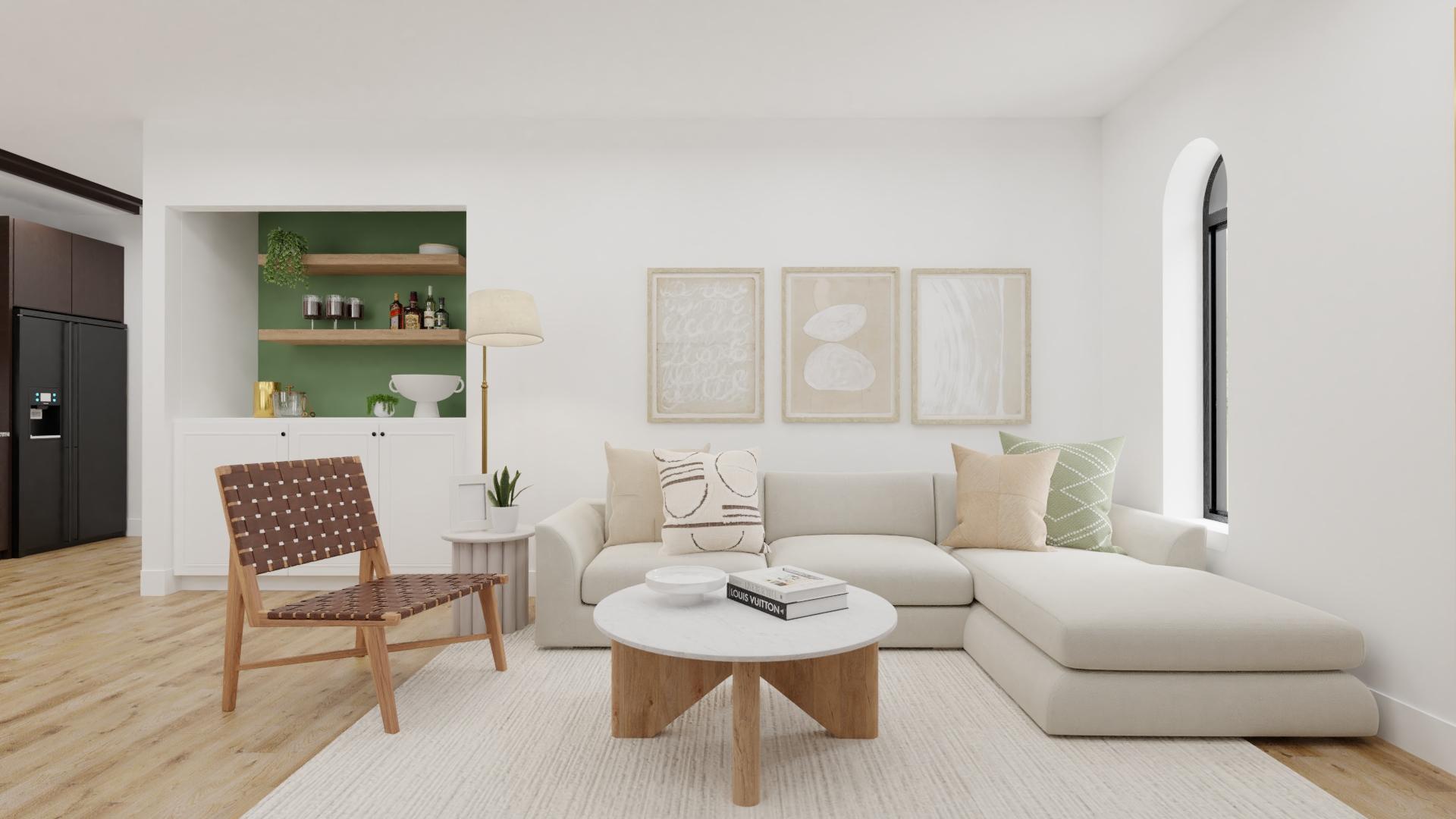 Contemporary Boho Living Room With A Pop of Green