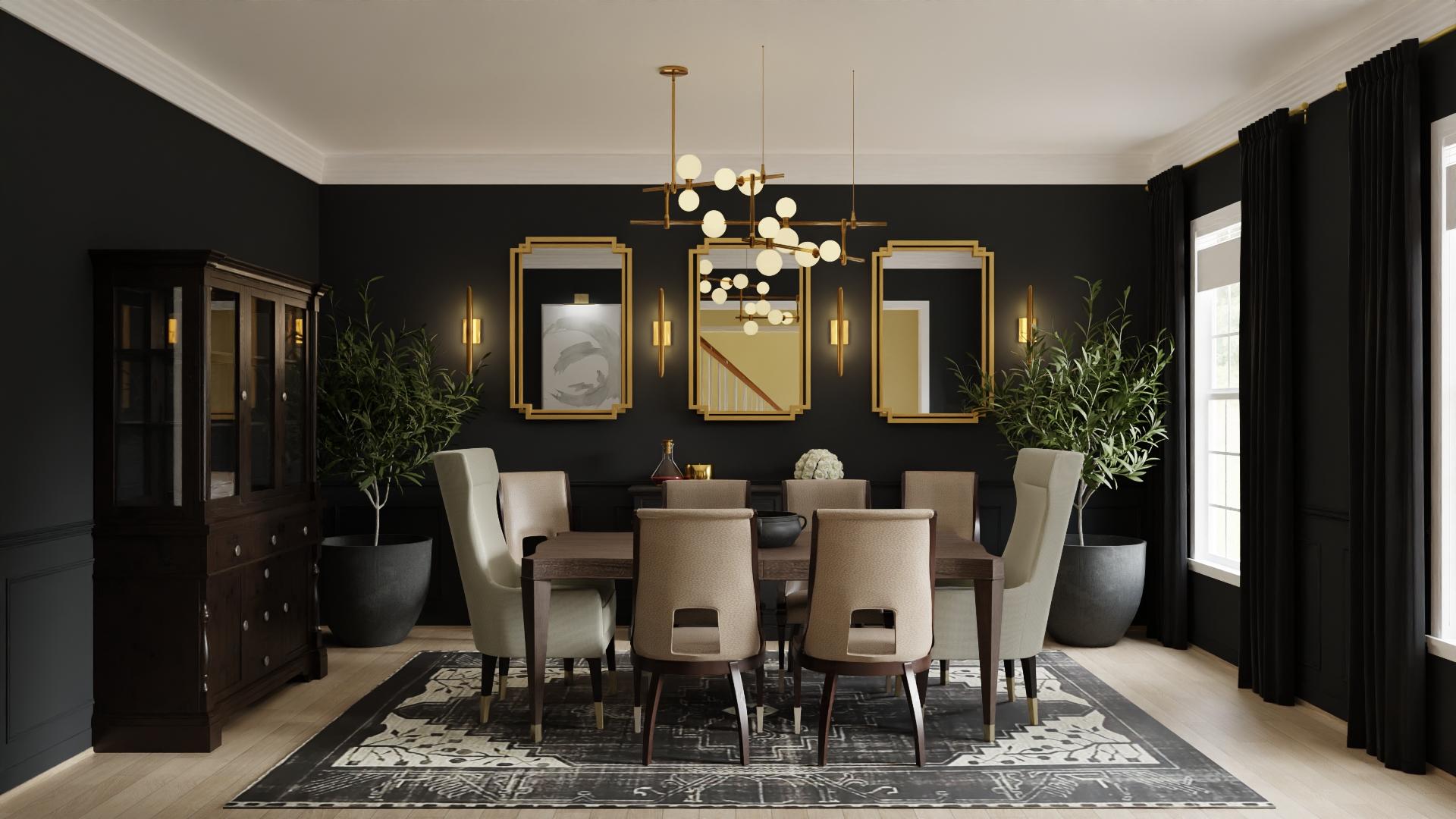 Black And Brass Dining Room With Storage