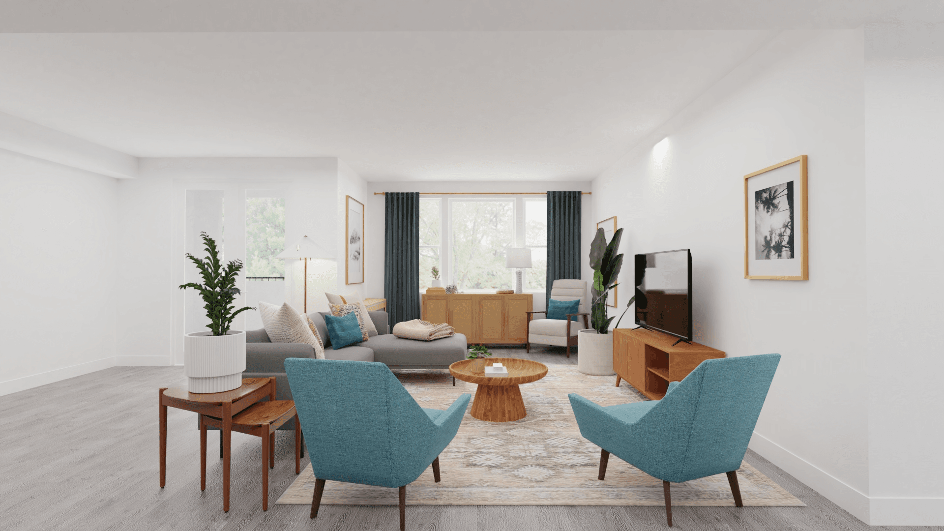 Eclectic Mid Century Living Room with Blue Accent Chairs