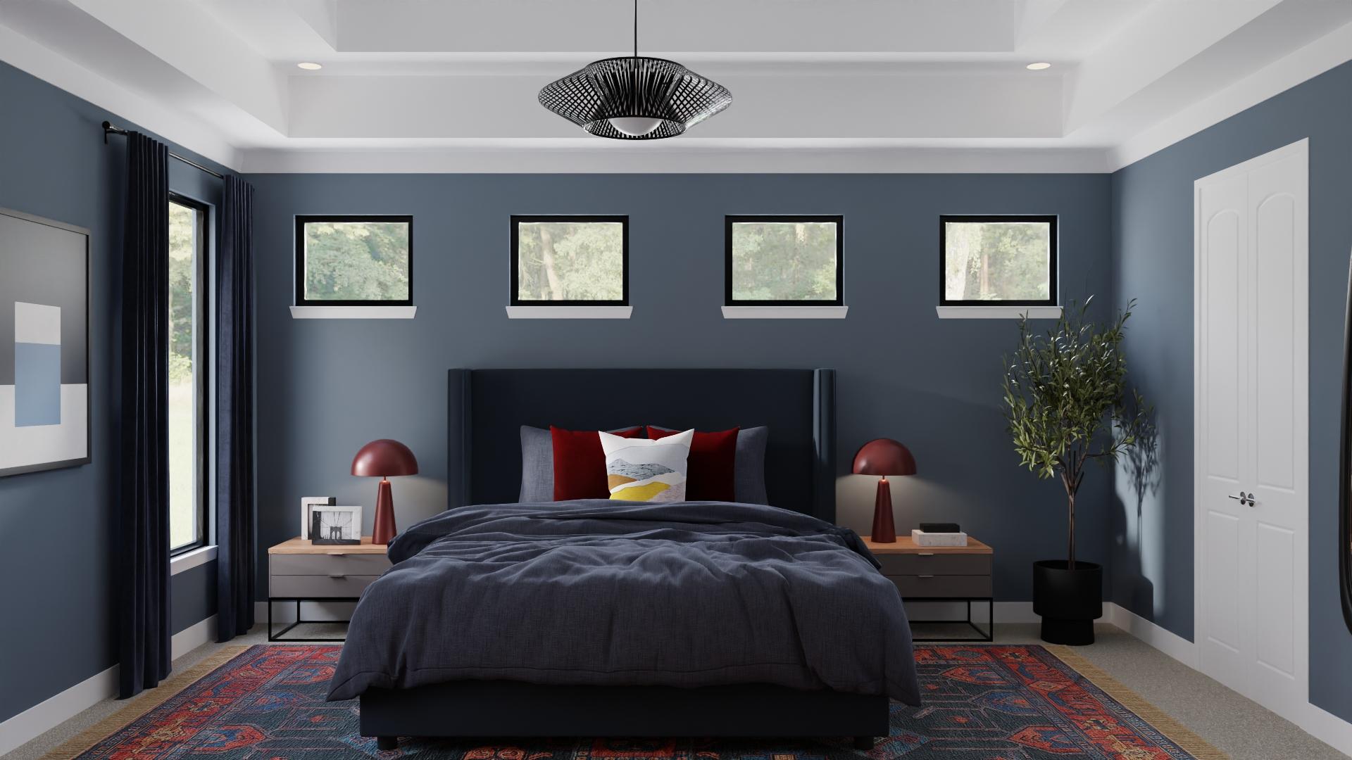Bold Contemporary Eclectic Bedroom with Blue Walls