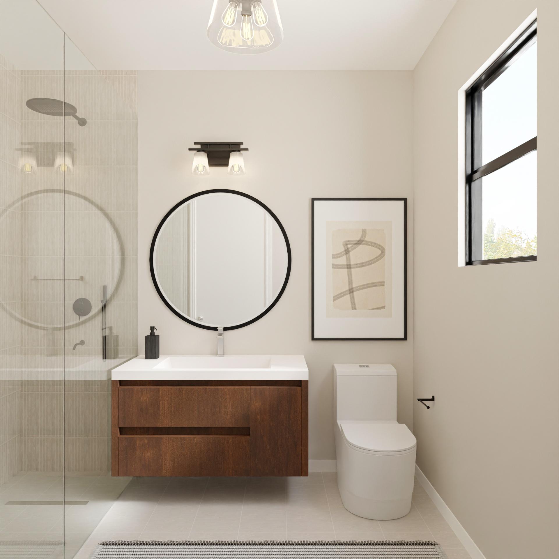 Industrial Contemporary Bathroom with Walnut Vanity