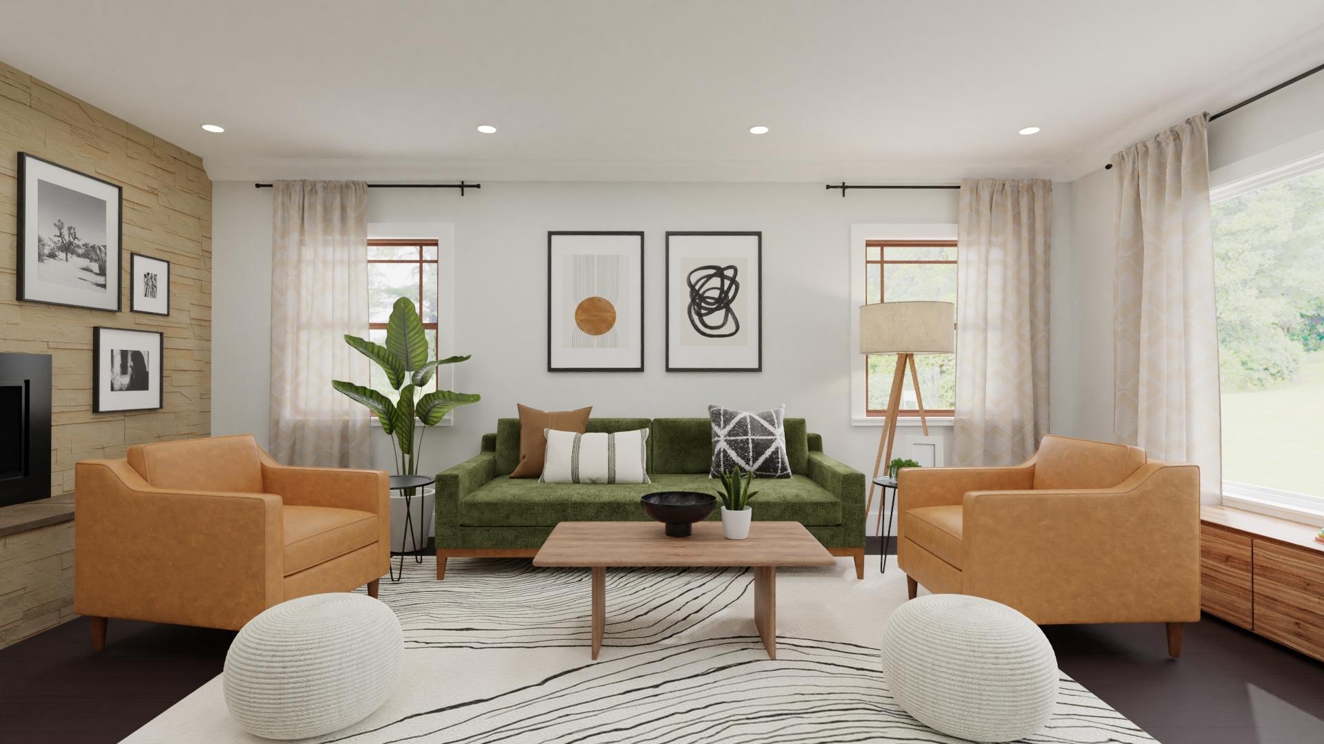 Mid Century Living Area with Green Sofa